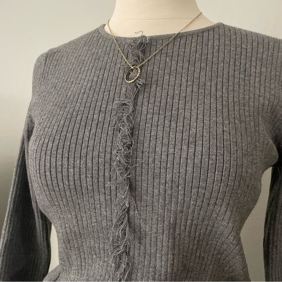 Ribbed Grey Fringe Pullover Sweater (S)