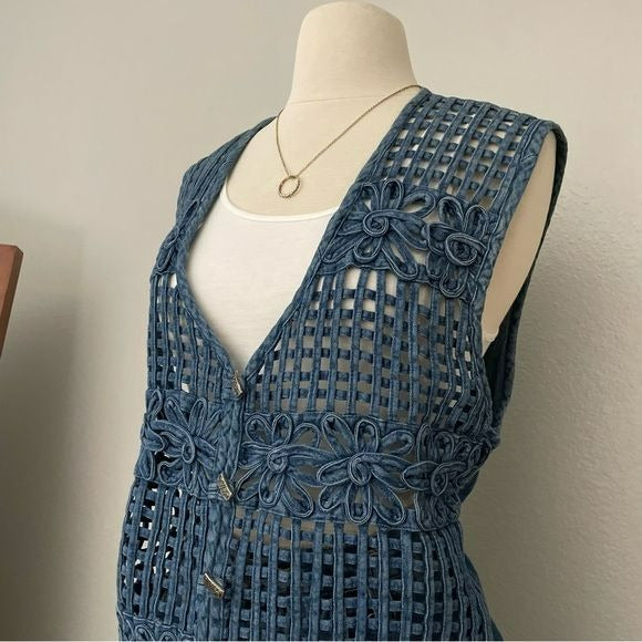 Denim Vintage Flower Pattern Vest (XL)