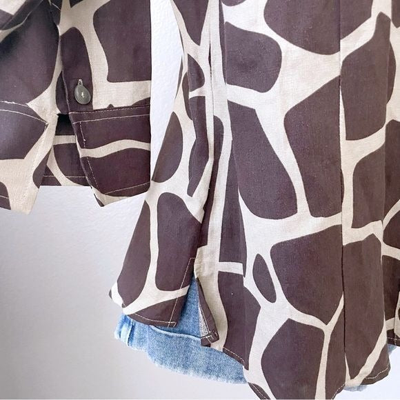 Giraffe Animal Print Linen Blend Button Front Top (XL)