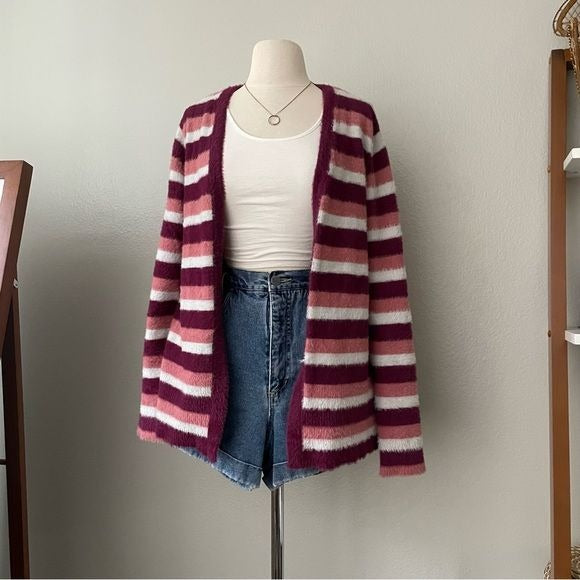 Fuzzy Open Front Striped Cardigan (S/M)