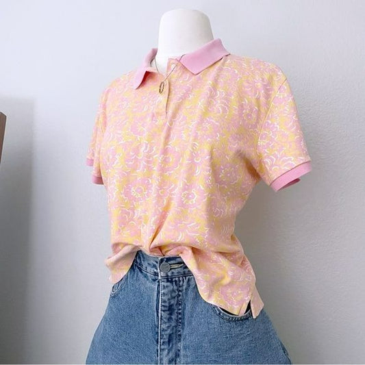 Pink and Orange Floral Polo Shirt (L)
