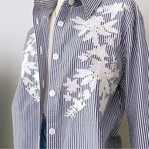 Striped Floral Embroidered Long Sleeve Button Front Top (M)