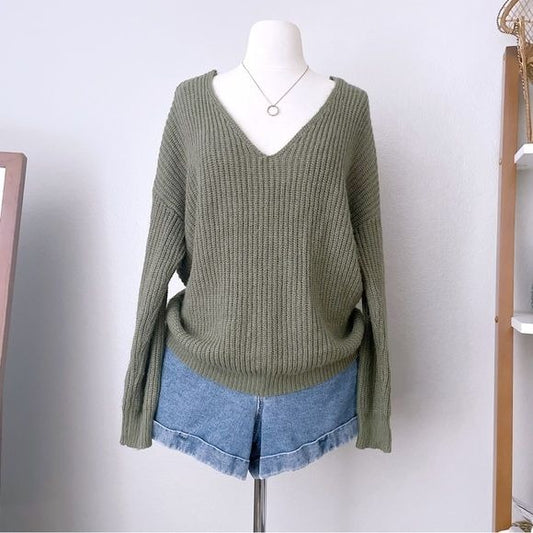 Olive Green Chunky Knit Back Knot Sweater (S)