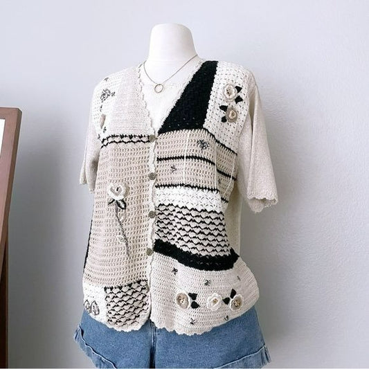 Vintage Embroidered Knit Cardigan Top (L)