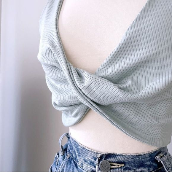 Criss Cross Pastel Blue Ribbed Crop Top (S)