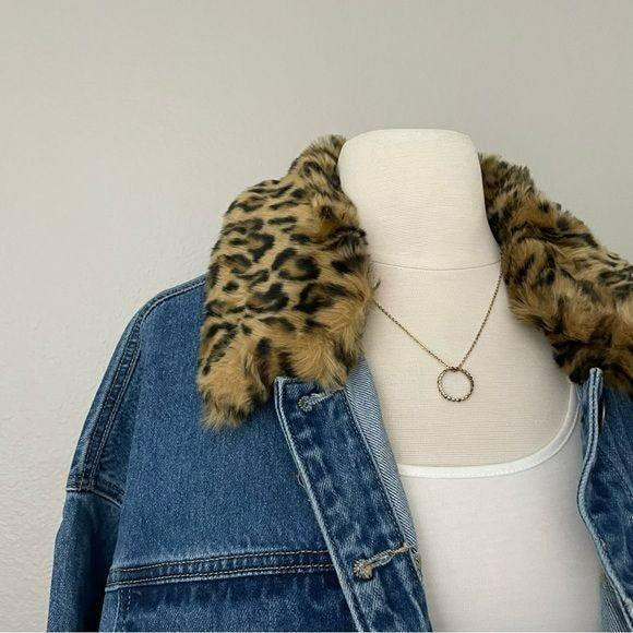 Denim Jean Jacket with Leopard Collar (2X)