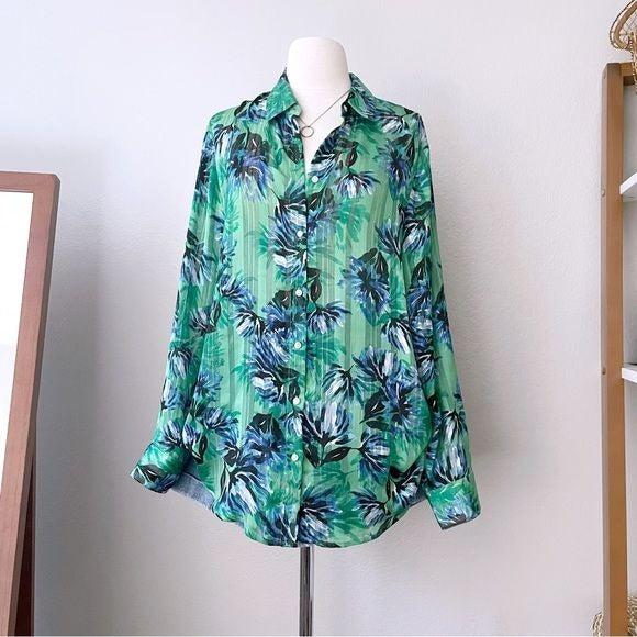 Floral Semi Sheer Green Button Front Top (L)