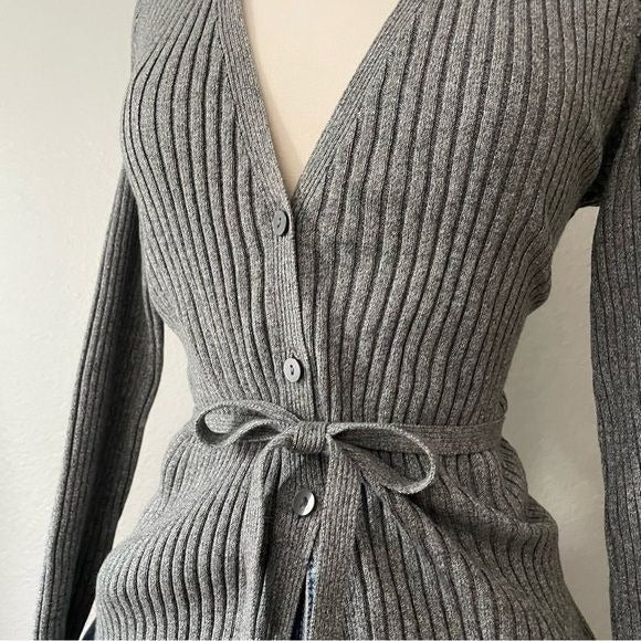 Grey Ribbed Button Front Waist Tie Cardigan (M)