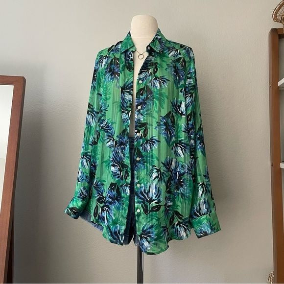 Floral Semi Sheer Green Button Front Top (L)