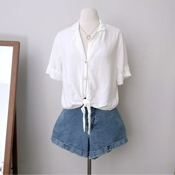 White Minimalist Button Front and Tie Top (8)