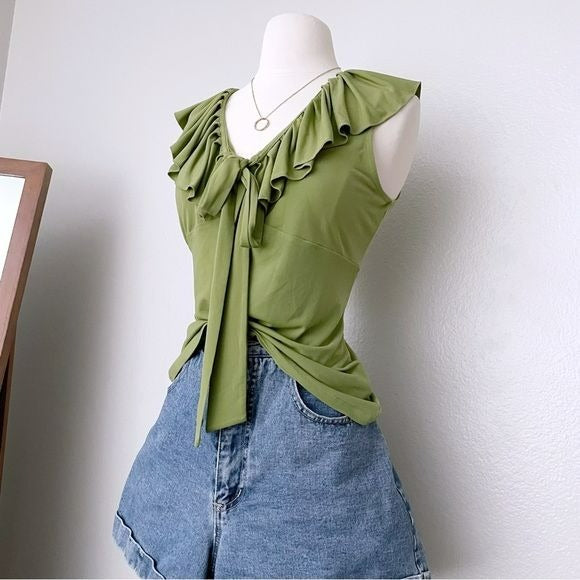Ruffled 00s Stretchy Green Top (M)