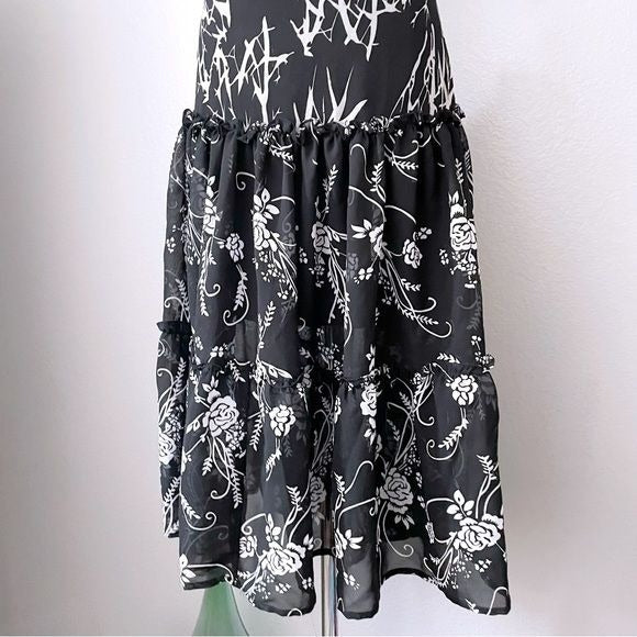 Vintage Tiered Floral Black and White Midi Skirt (S)