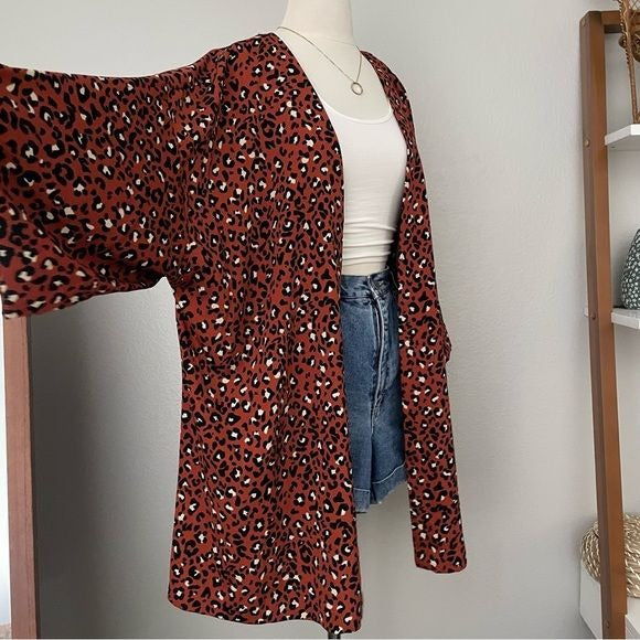 Burnt Orange Leopard Print Open Front Kimono Cardigan (2X)