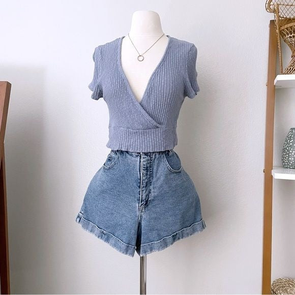 Ribbed Dusty Blue Knit Crop Top (L)