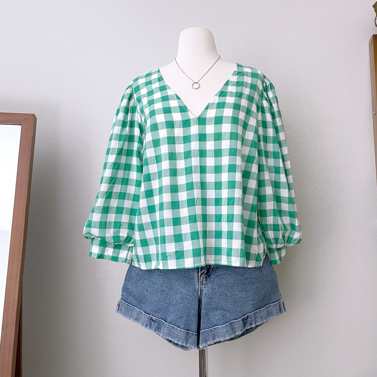Gingham Green Puff Sleeve Boxy Top (XL)