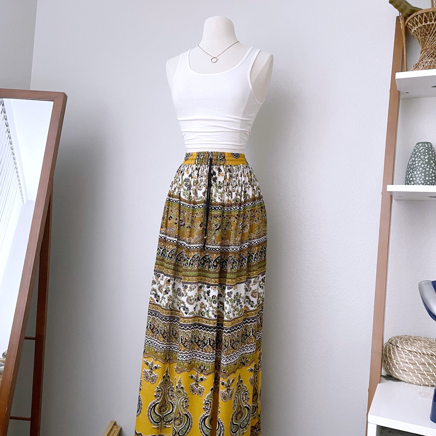 Mustard Flowy Bohemian Maxi Skirt (L)