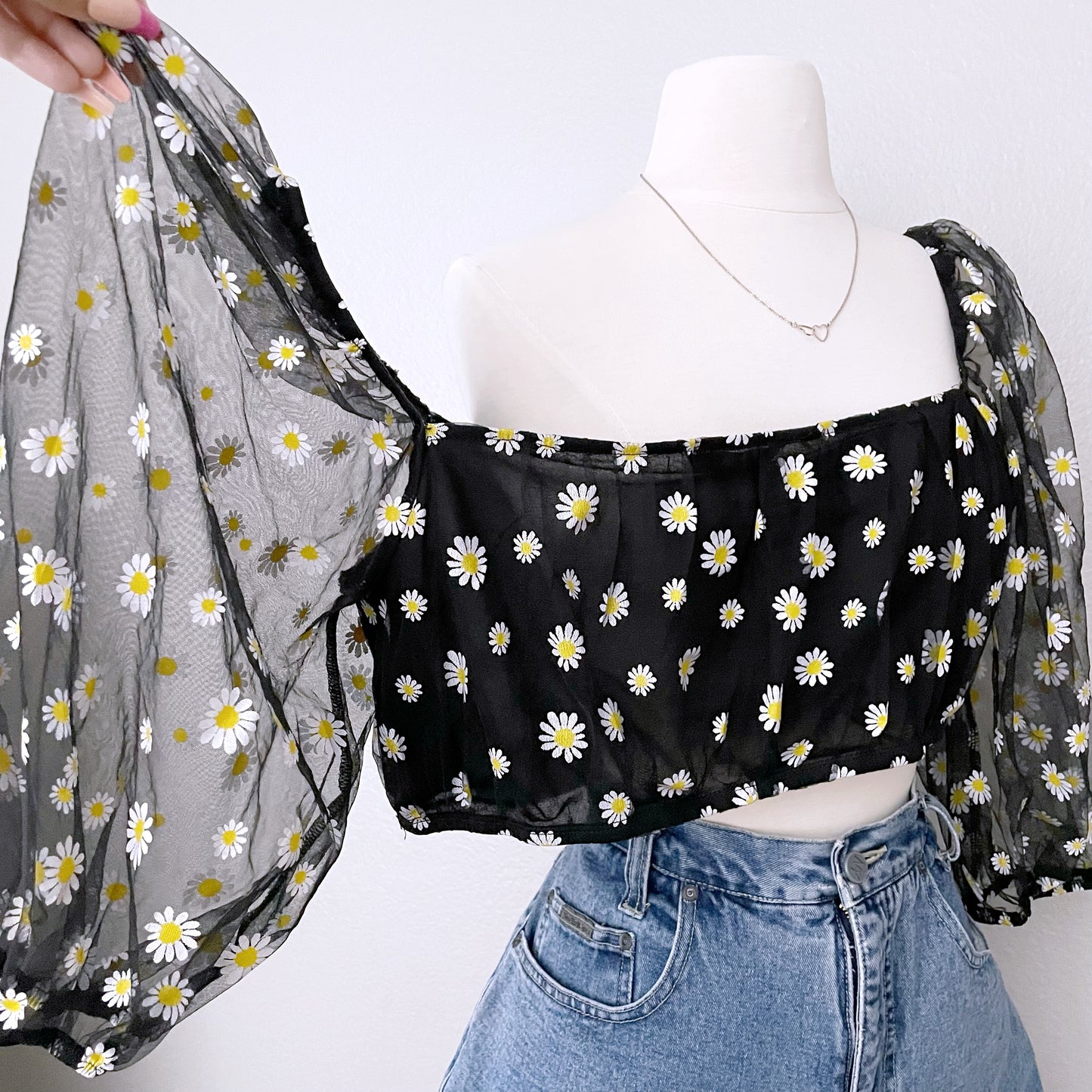 Daisy Crop Top With Sheer Sleeves (2XL)