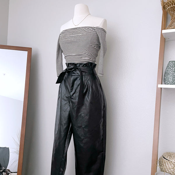 High Waist Faux Leather Paper Bag Pants (XL)