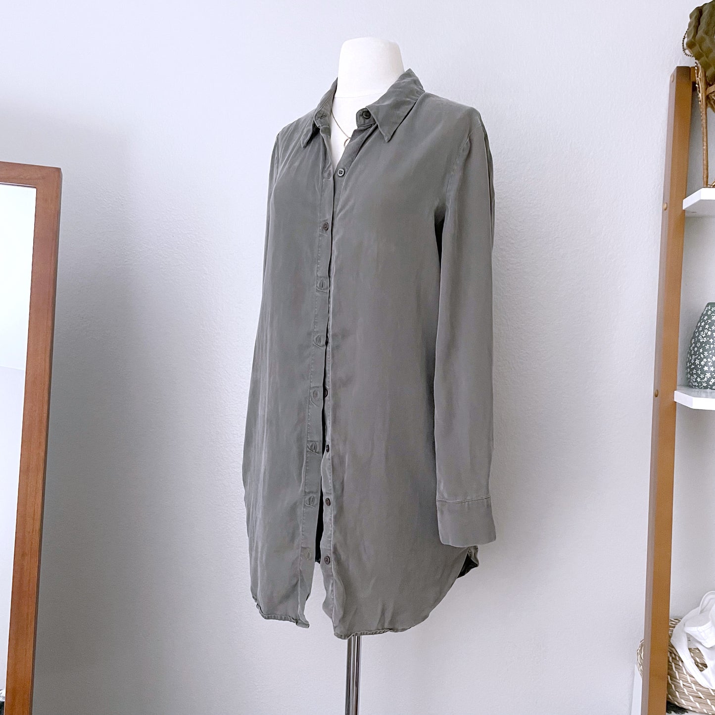 Olive Green Button Front Shirt Dress / Tunic (M)