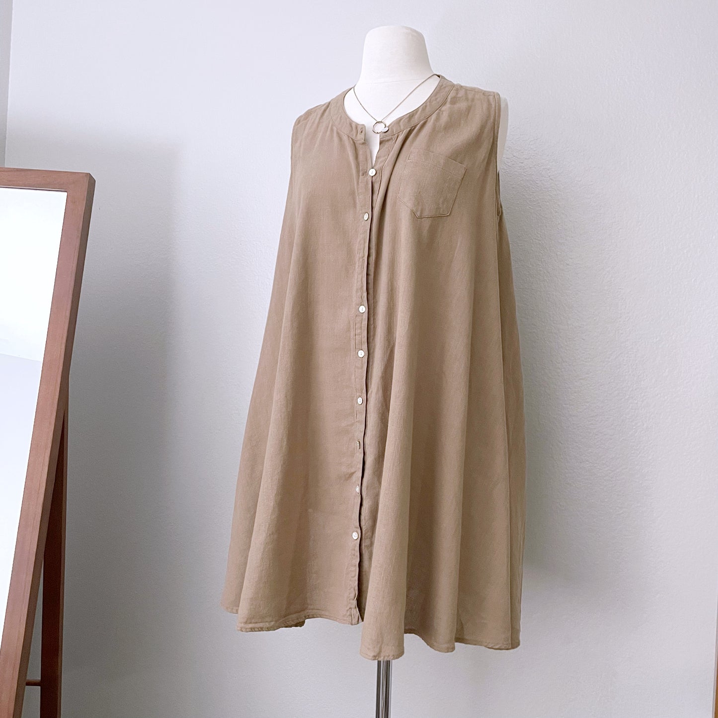 Tan Natural Fiber Button Fiber Oversize Tunic Dress (One Size)