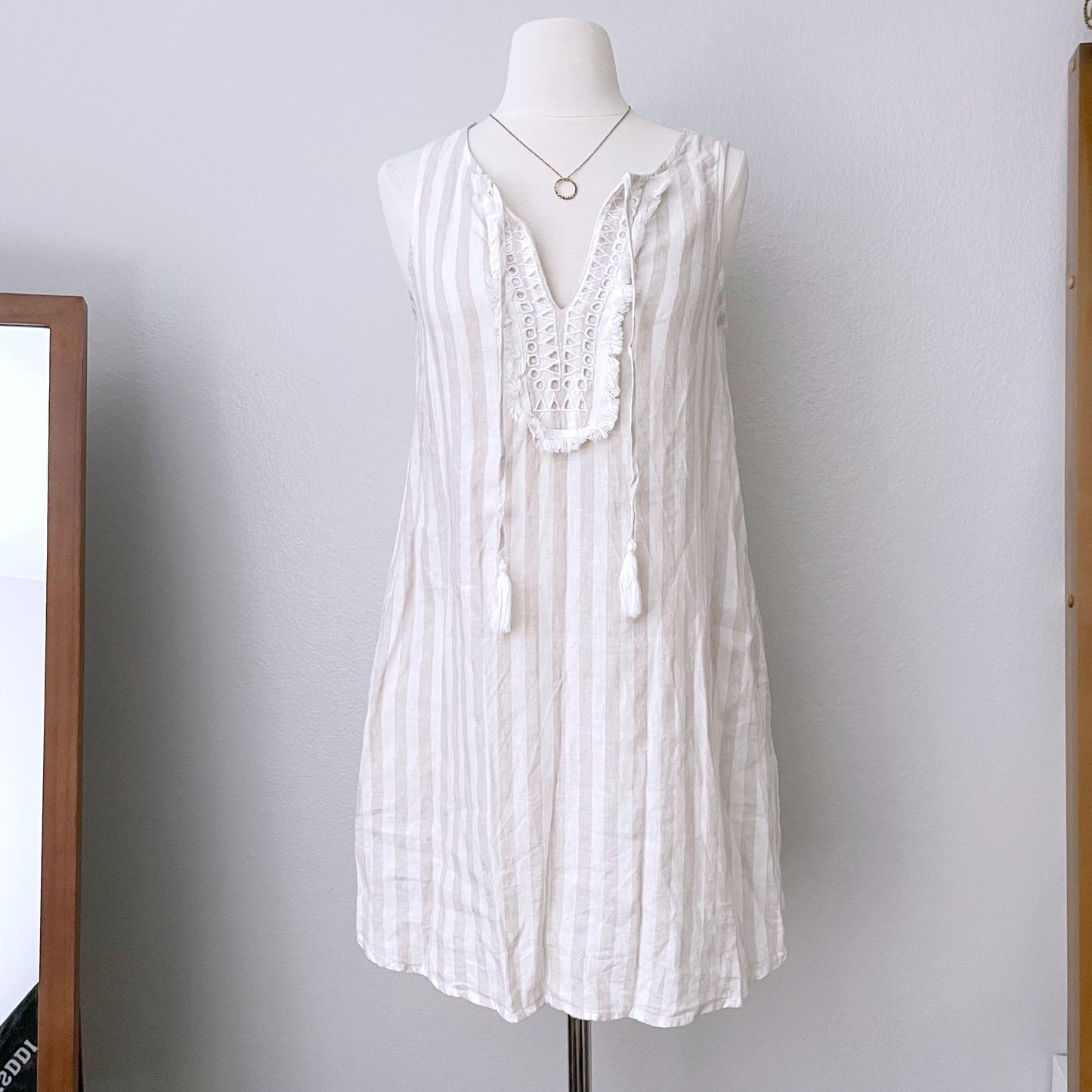 Neutral Linen Striped Mini Dress (XS)