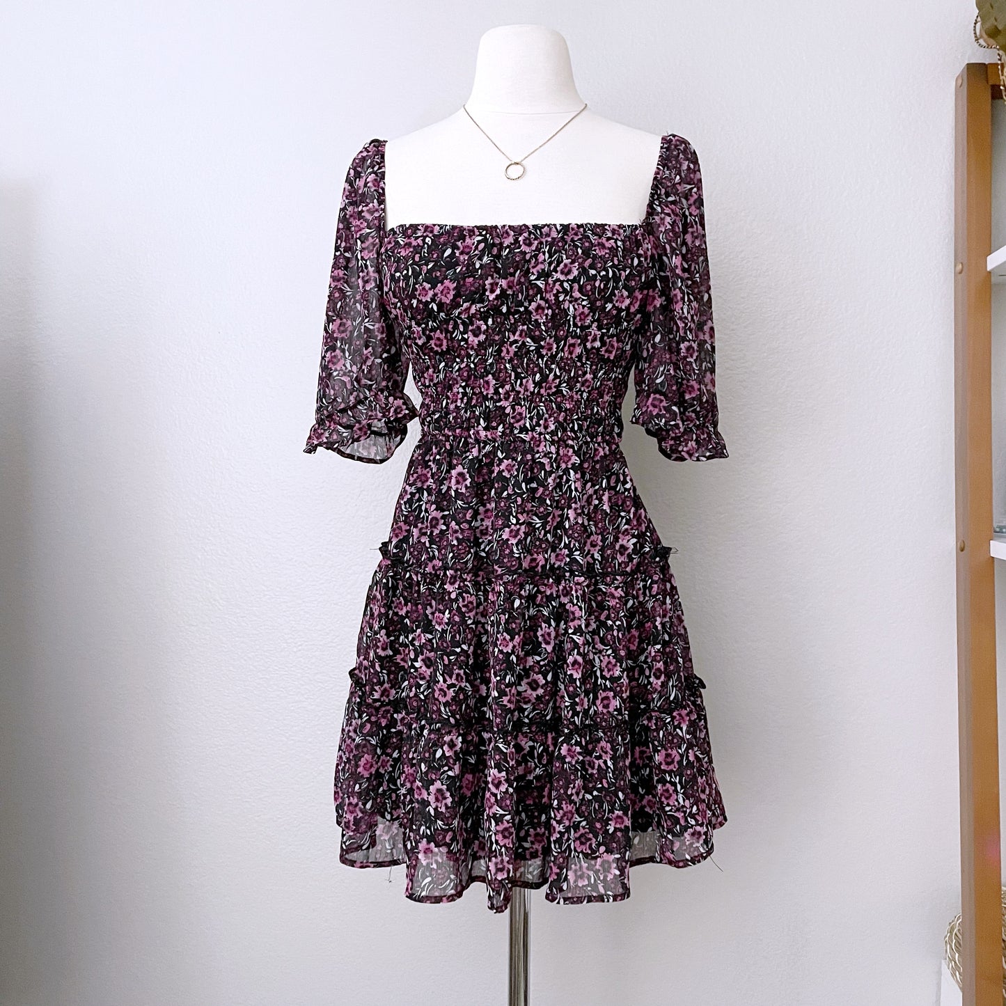 Floral Tiered Square Neck Mini Dress (M)