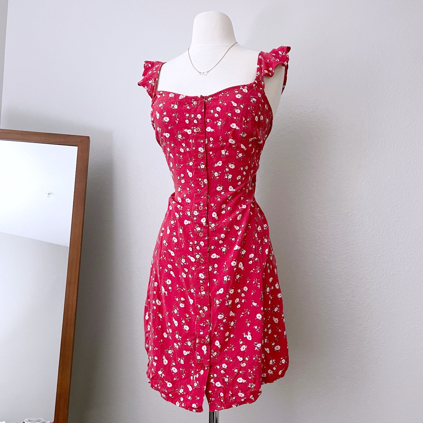 Floral Button Front Red Mini Sundress (XXL)
