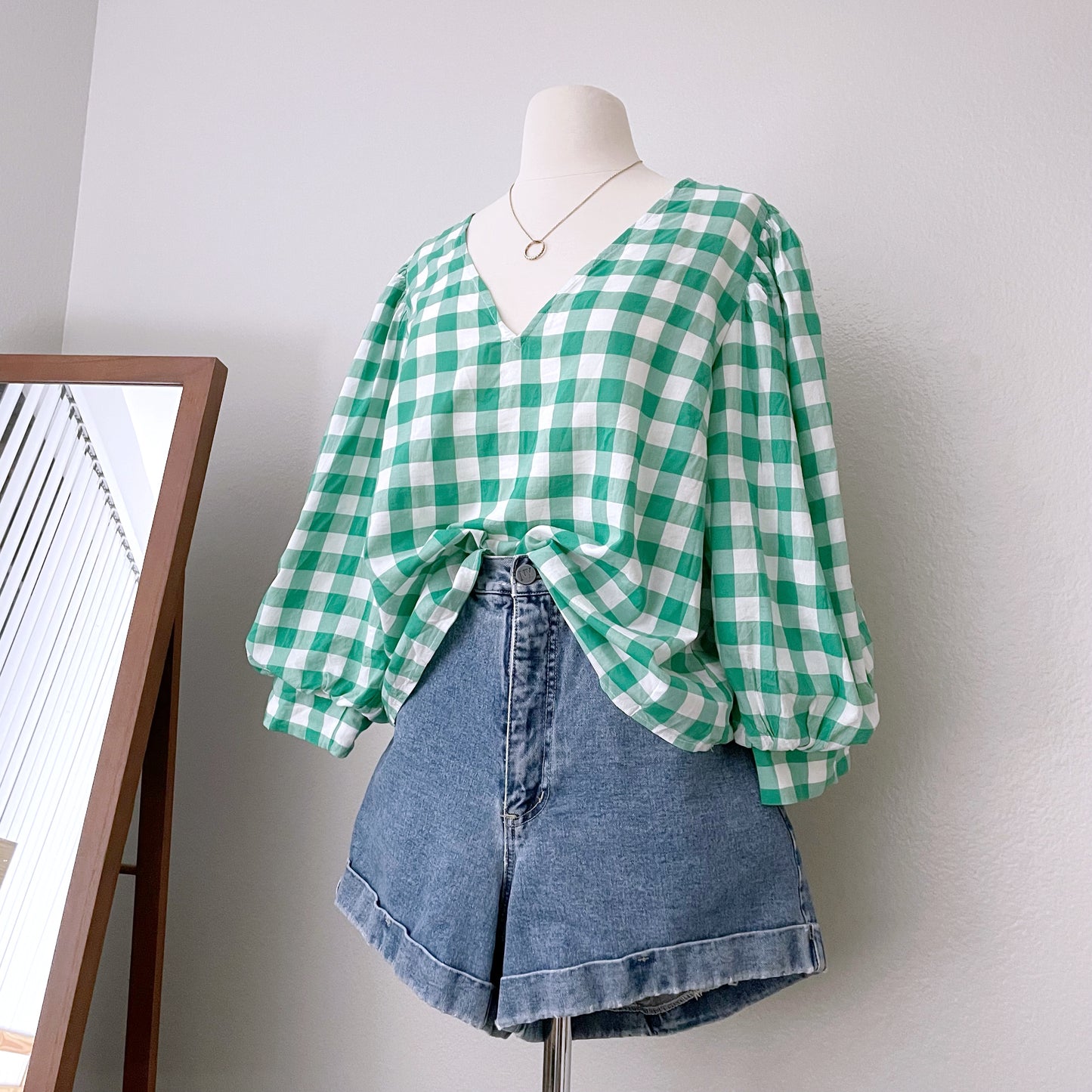 Gingham Green Puff Sleeve Boxy Top (XL)