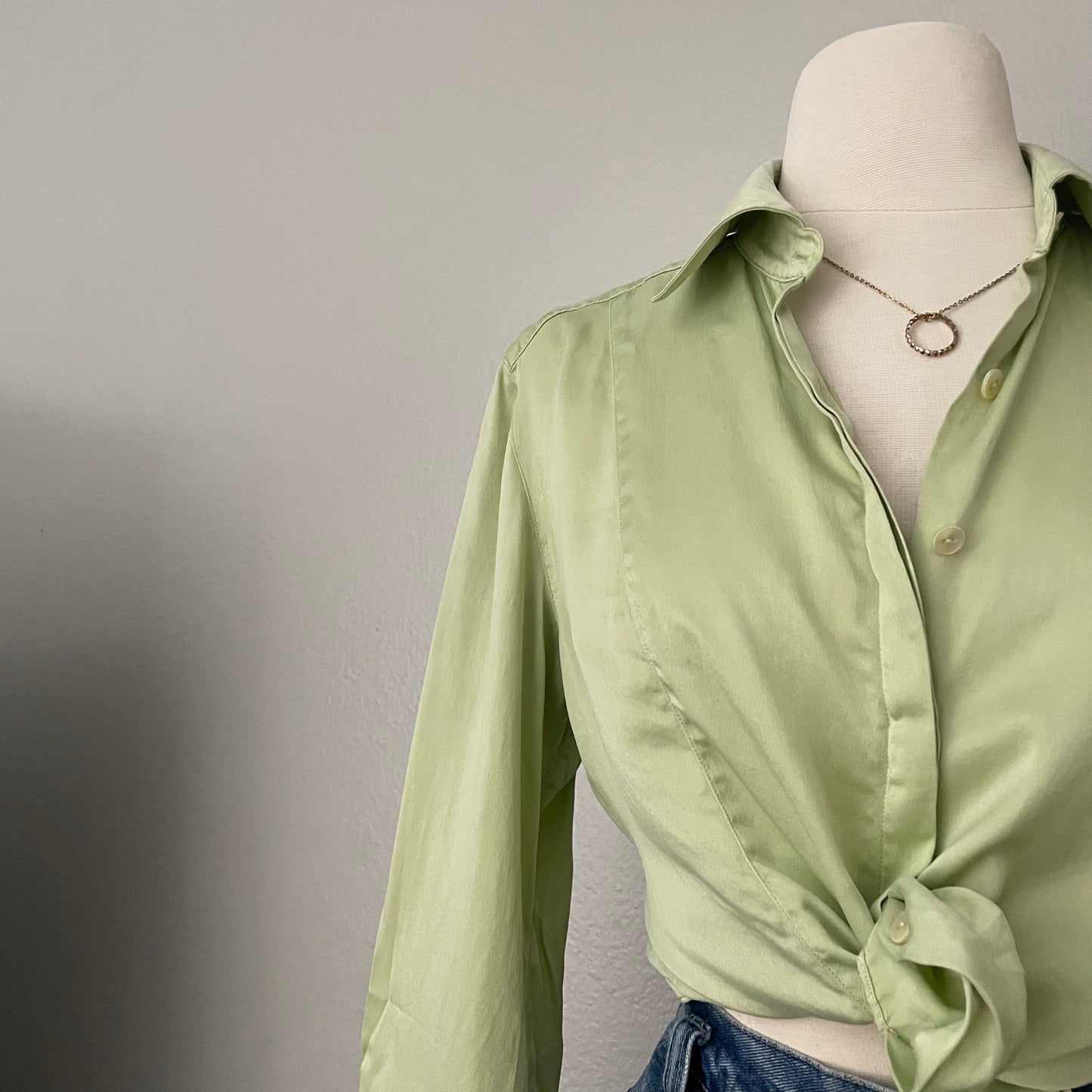 Vintage Silk Long Sleeve Chartreuse Button Front Top (8)