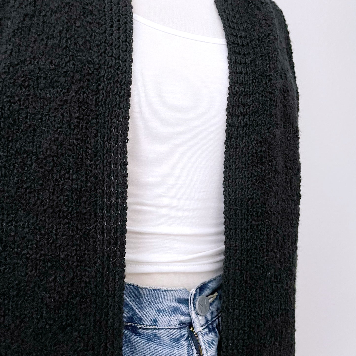 Vintage Black Open Front Knit Cardigan (M)