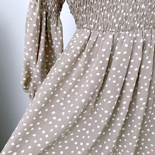 Smocked Polka Dot Taupe Balloon Sleeve Dress (M)