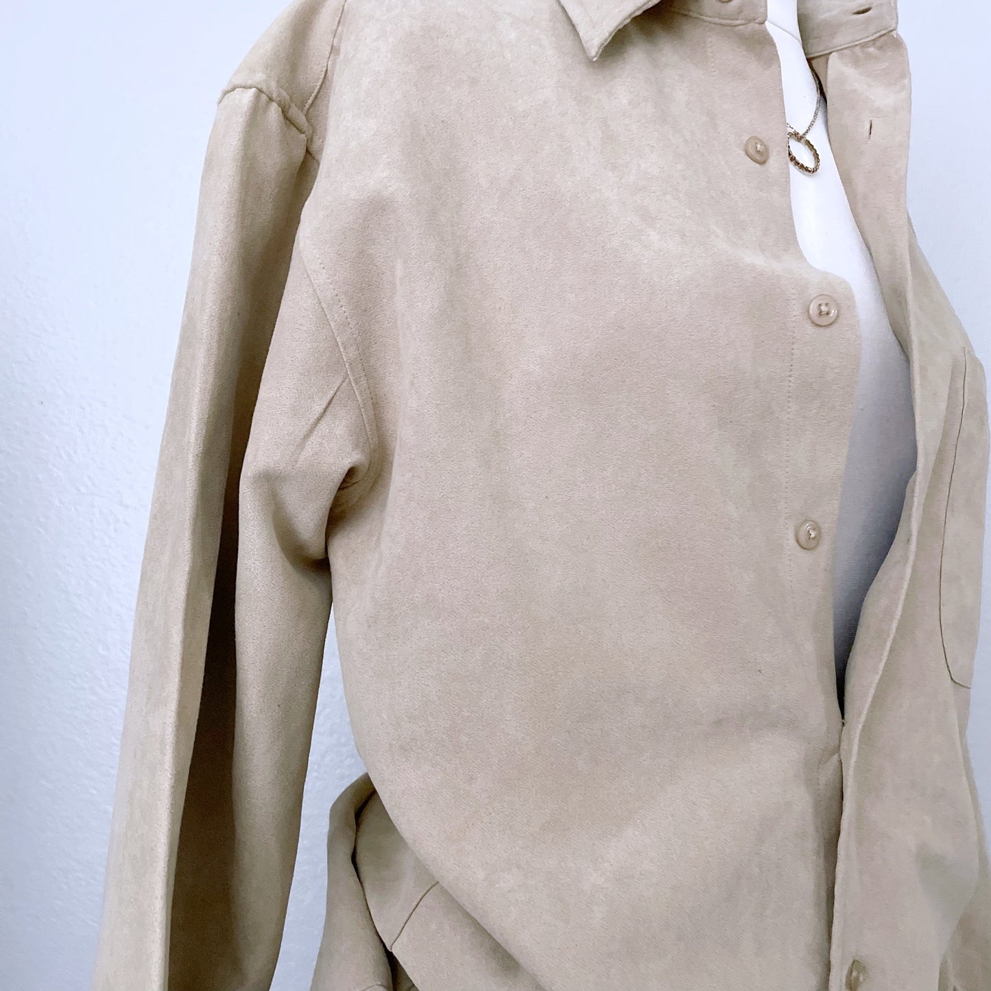 Sueded Beige Long Sleeve Button Front Top (S)