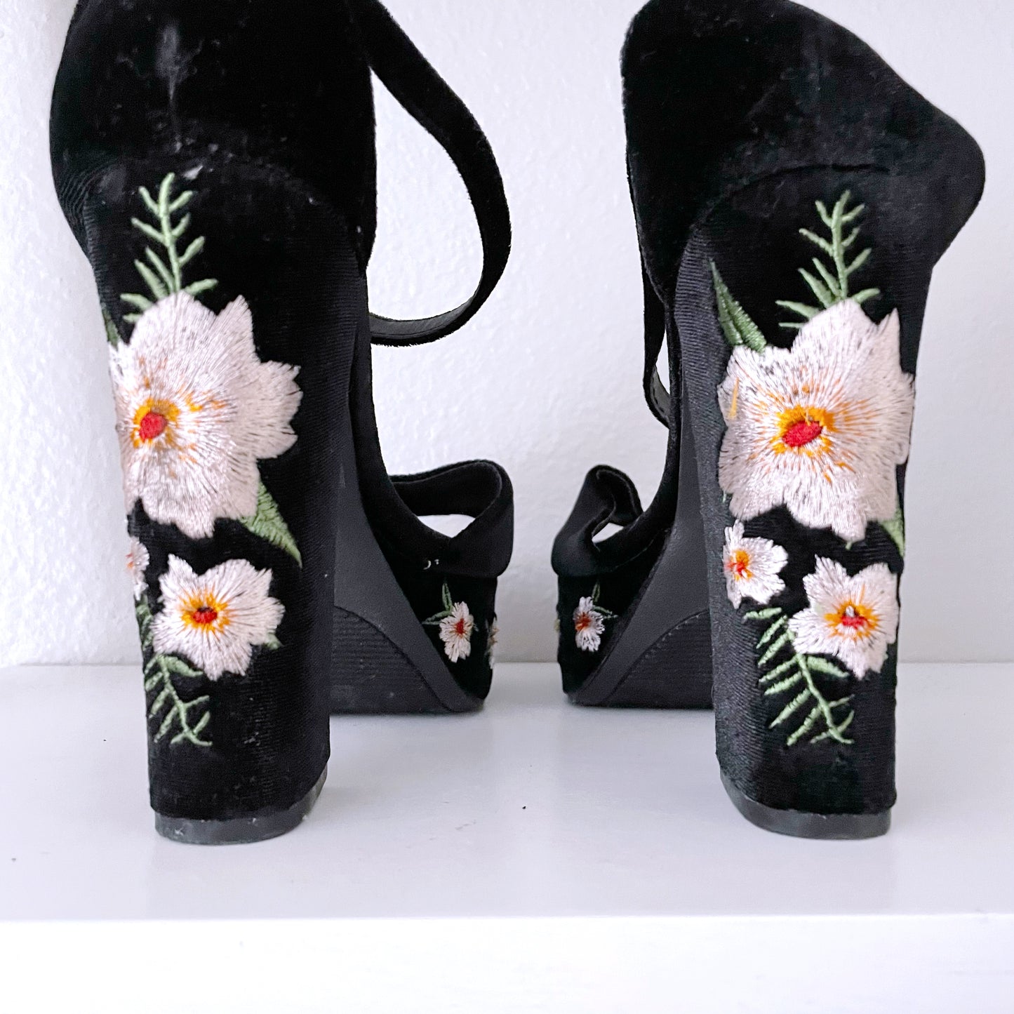 Embroidered Velvet Platform Ankle Tie Heels (6.5)