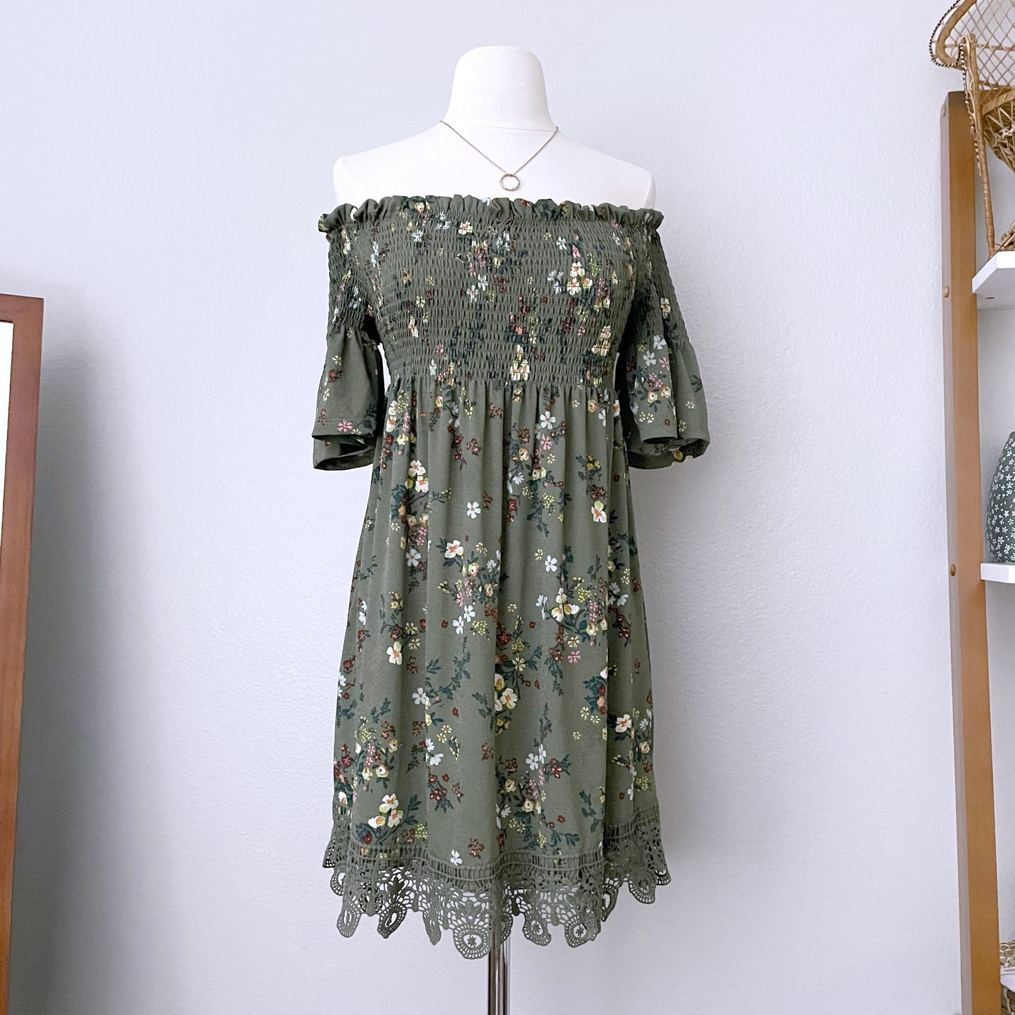 Olive Green Smocked Floral Dress (L)