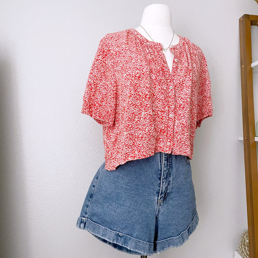 Red Floral Button Up Cropped Custom Top (L)